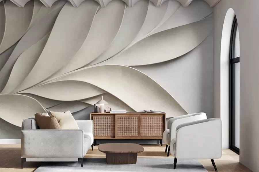 wall murals Abstract leaves in beige and gray, textured modern art w09769