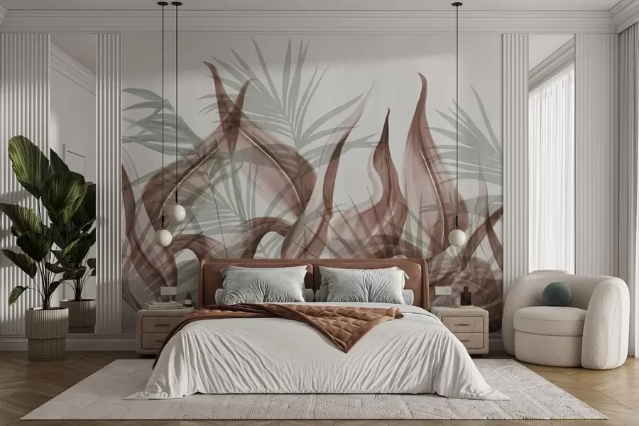 wall murals Tropical leaves in shades of brown and green against a white background, textured watercolor style w09772