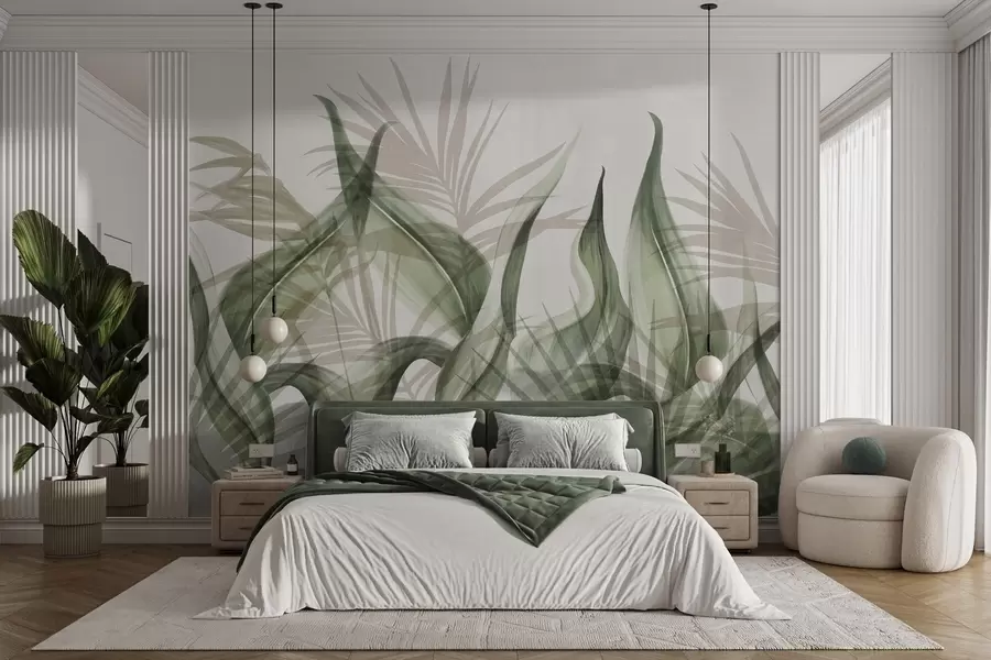 wall murals Tropical leaves in shades of beige and green against a white background, textured watercolor style w09772v1