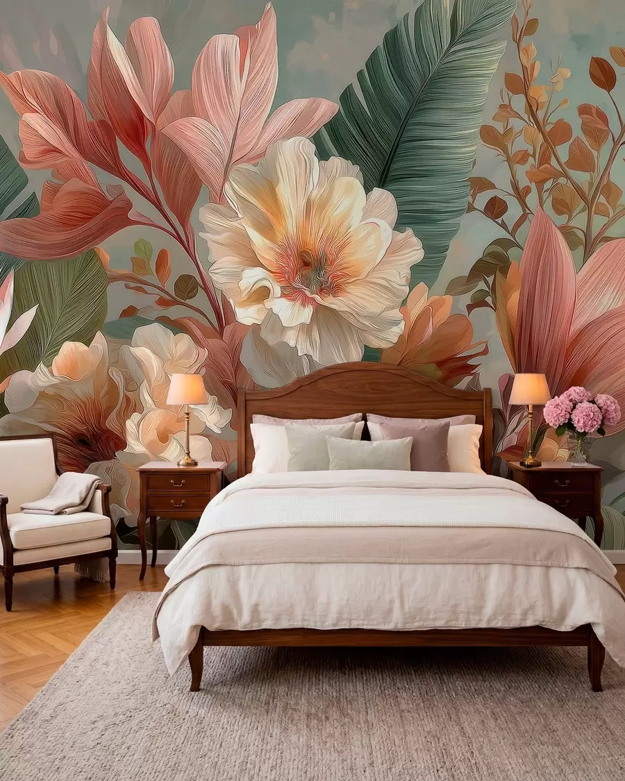 wall murals Flowers with leaves w05378