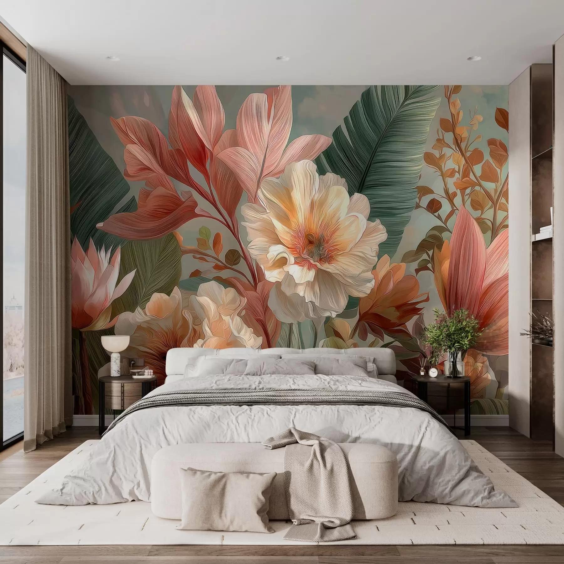 wall murals Flowers with leaves w05378