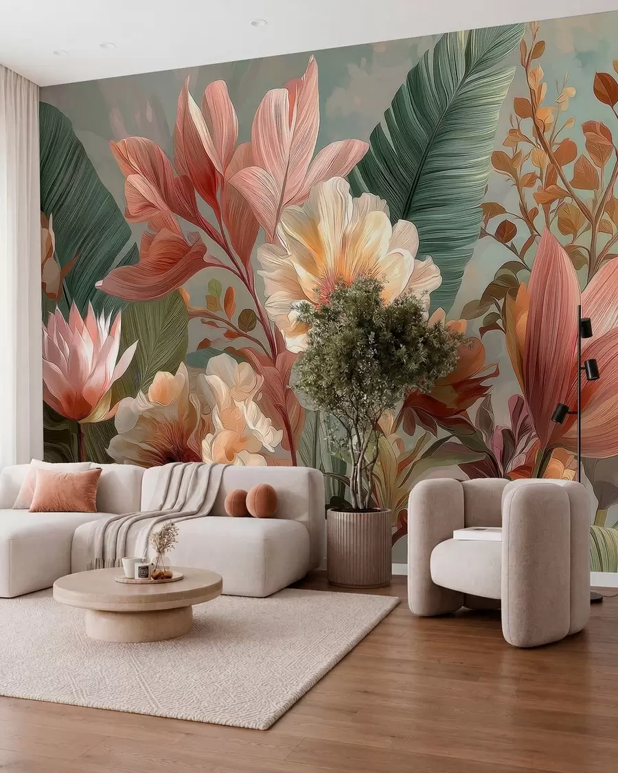 wall murals Flowers with leaves w05378