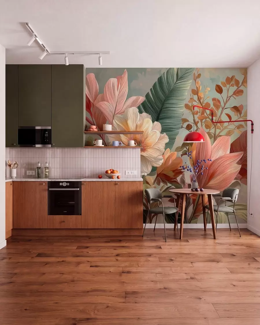 wall murals Flowers with leaves w05378