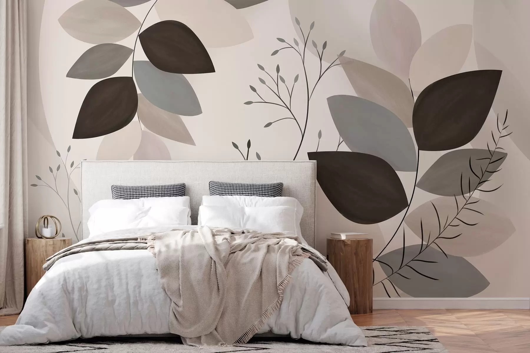 wall murals leaves and grasses in shades of beige, grey and brown w05237