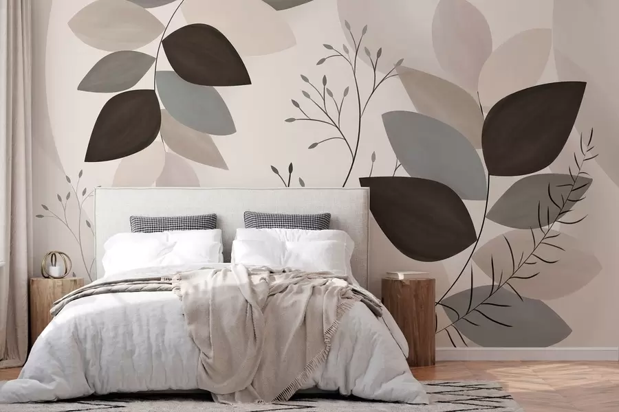 wall murals leaves and grasses in shades of beige, grey and brown w05237