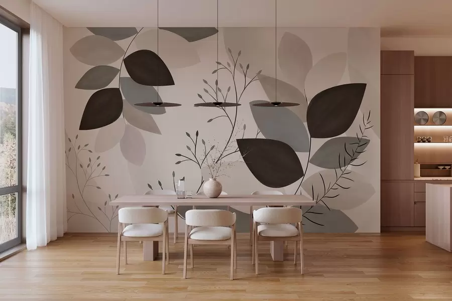 wall murals leaves and grasses in shades of beige, grey and brown w05237