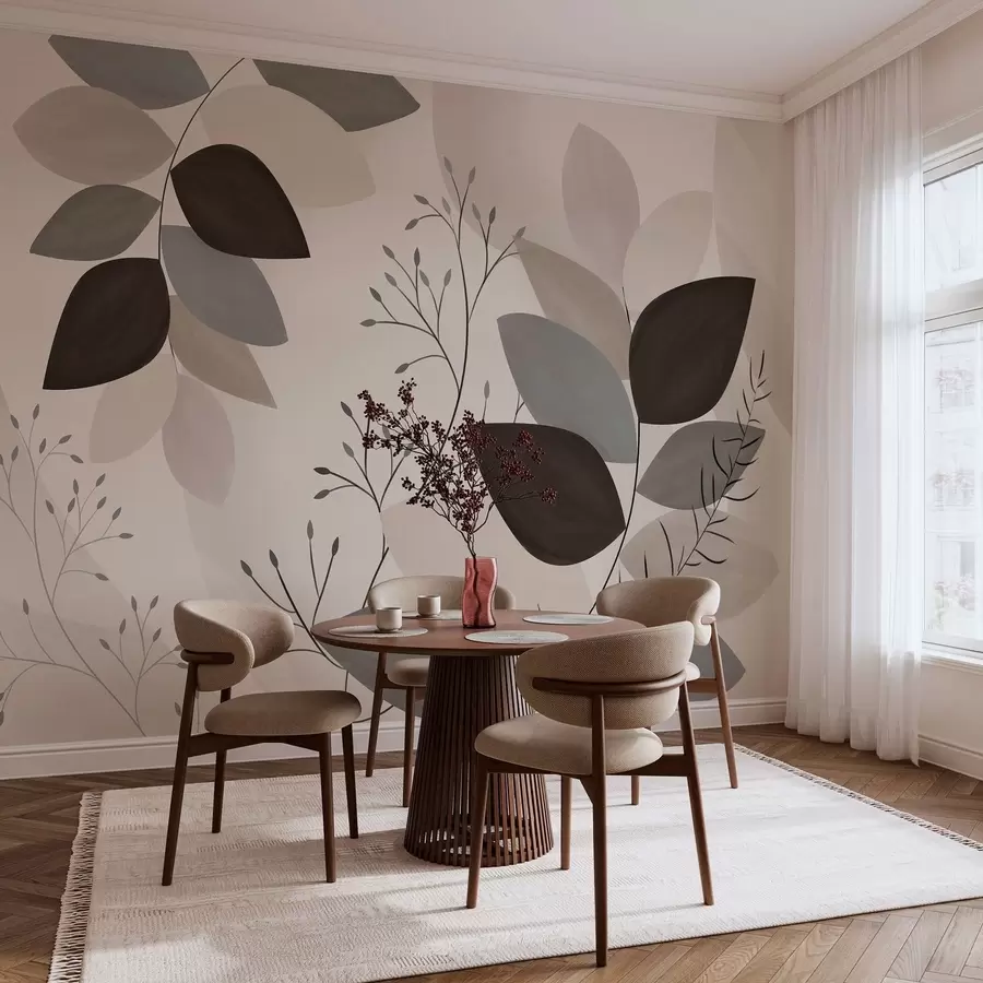 wall murals leaves and grasses in shades of beige, grey and brown w05237