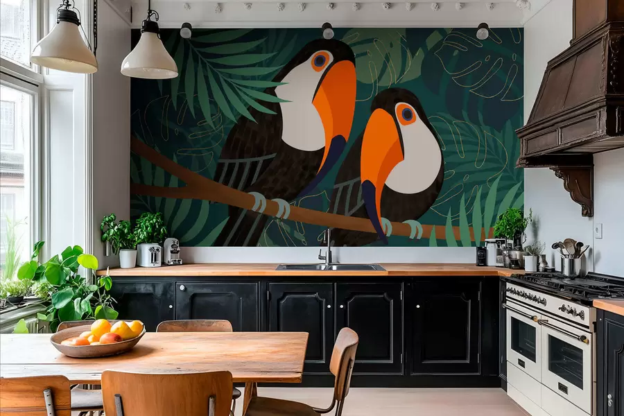 wall murals pair of toucans on a branch in Afro style w05239