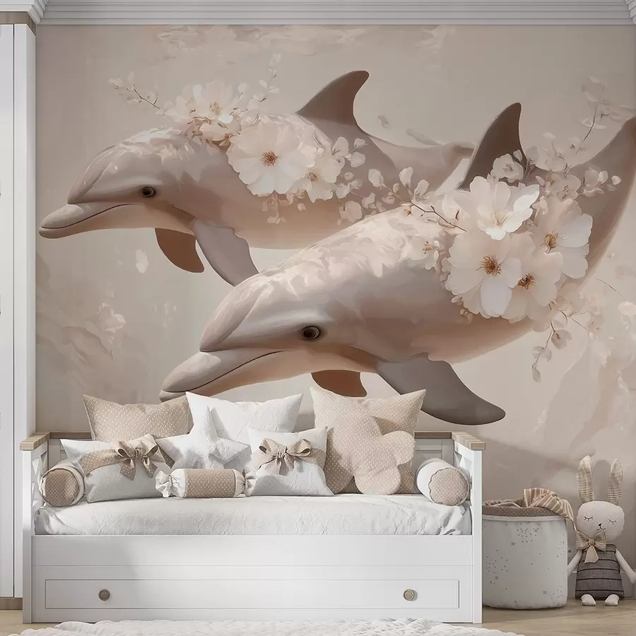 wall murals Dolphins in an ocean of delicate flowers and soft light w09666