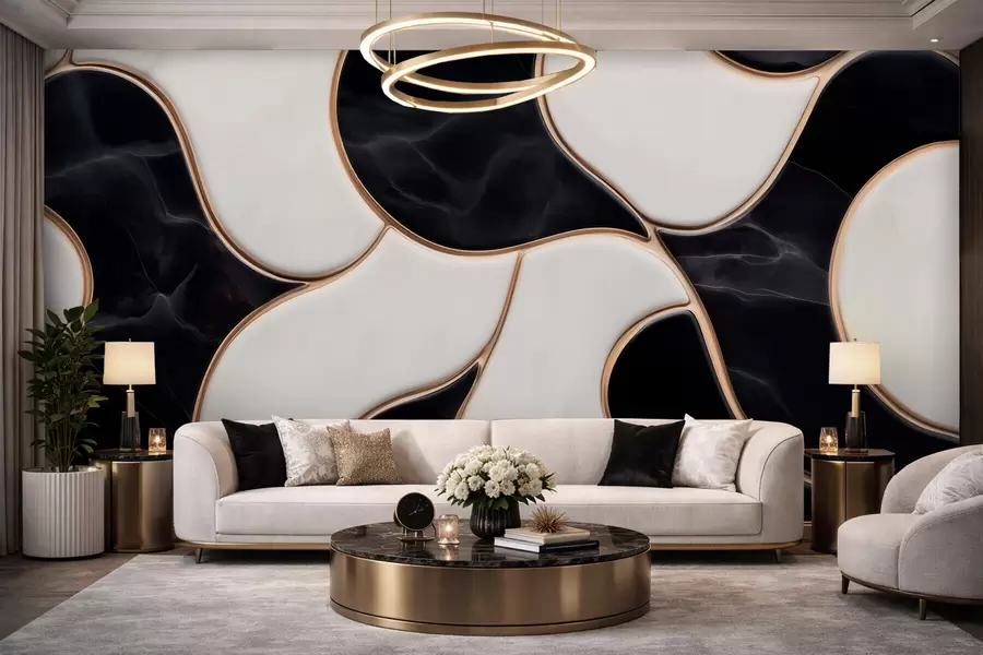 wall murals Abstract imitation of a marble composition in black and white tones with yellow lines w09733