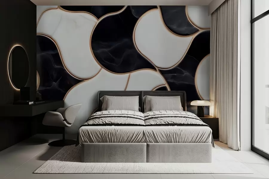 wall murals Abstract imitation of a marble composition in black and white tones with yellow lines w09733