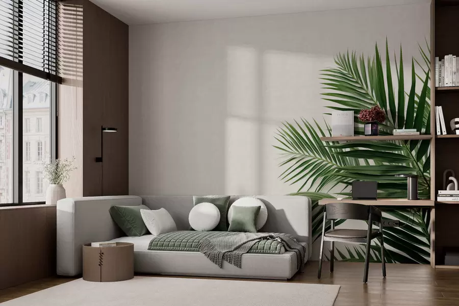 wall murals Green palm leaves on a light background w05391