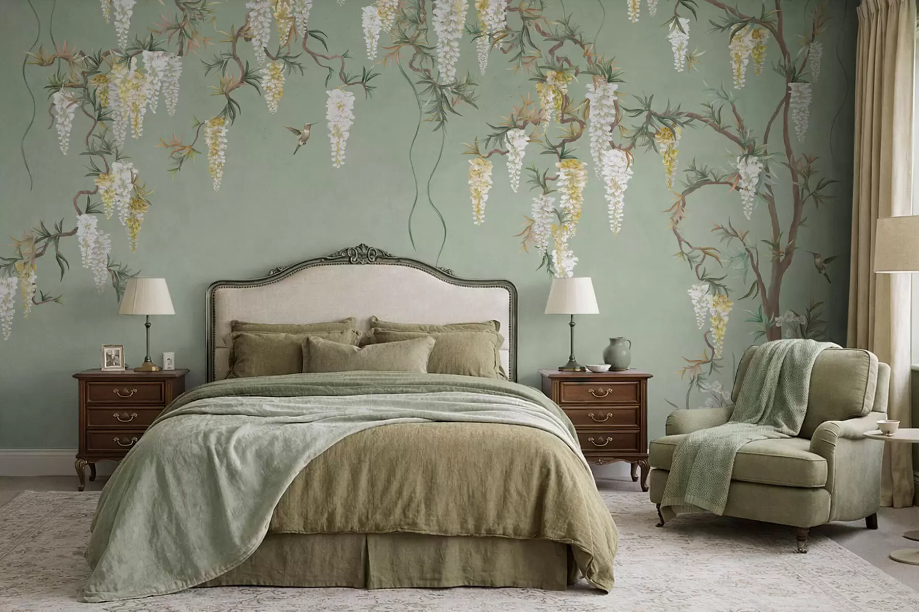 wall murals Flowering branches with white blossoms and birds on green w05394