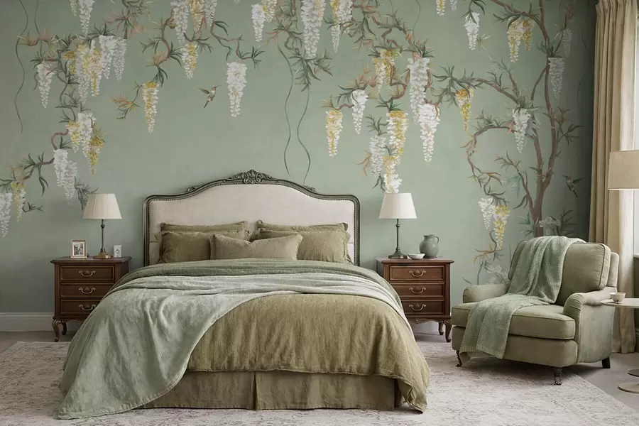 wall murals Flowering branches with white blossoms and birds on green w05394