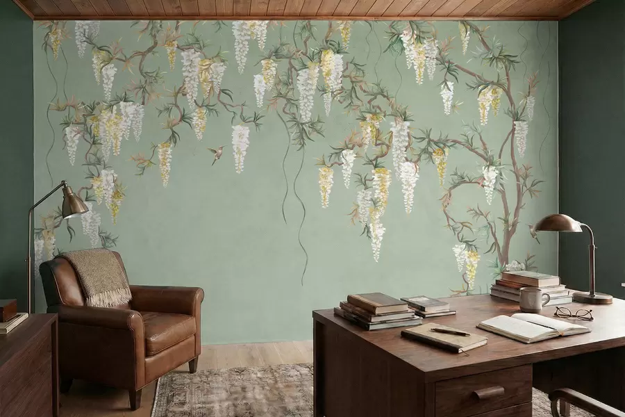wall murals Flowering branches with white blossoms and birds on green w05394