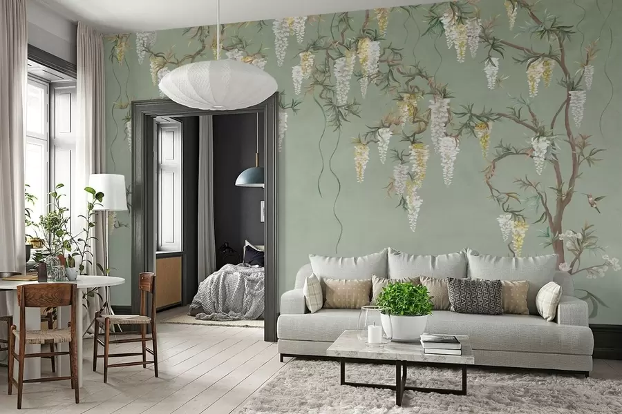 wall murals Flowering branches with white blossoms and birds on green w05394