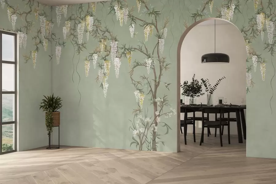 wall murals Flowering branches with white blossoms and birds on green w05394