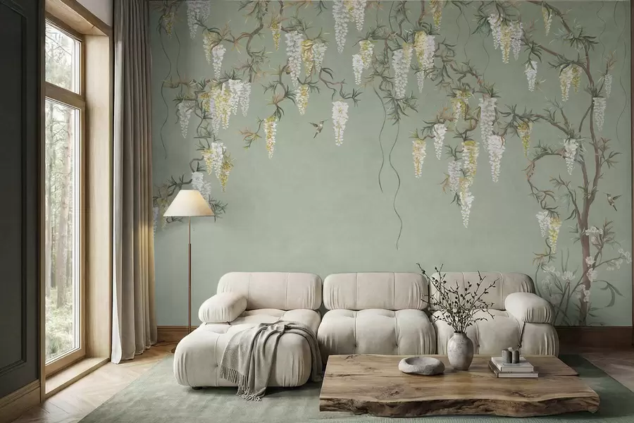 wall murals Flowering branches with white blossoms and birds on green w05394
