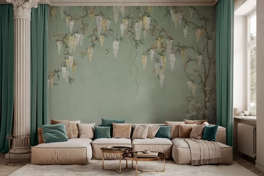 wall murals Flowering branches with white blossoms and birds on green w05394