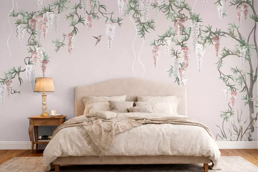 wall murals Flowering branches with pink blossoms and birds w05394v1