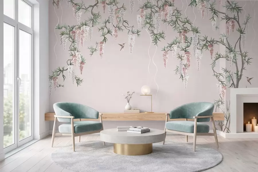 wall murals Flowering branches with pink blossoms and birds w05394v1