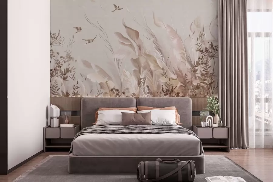 wall murals Soft feathers, grasses and birds in light tones w05395