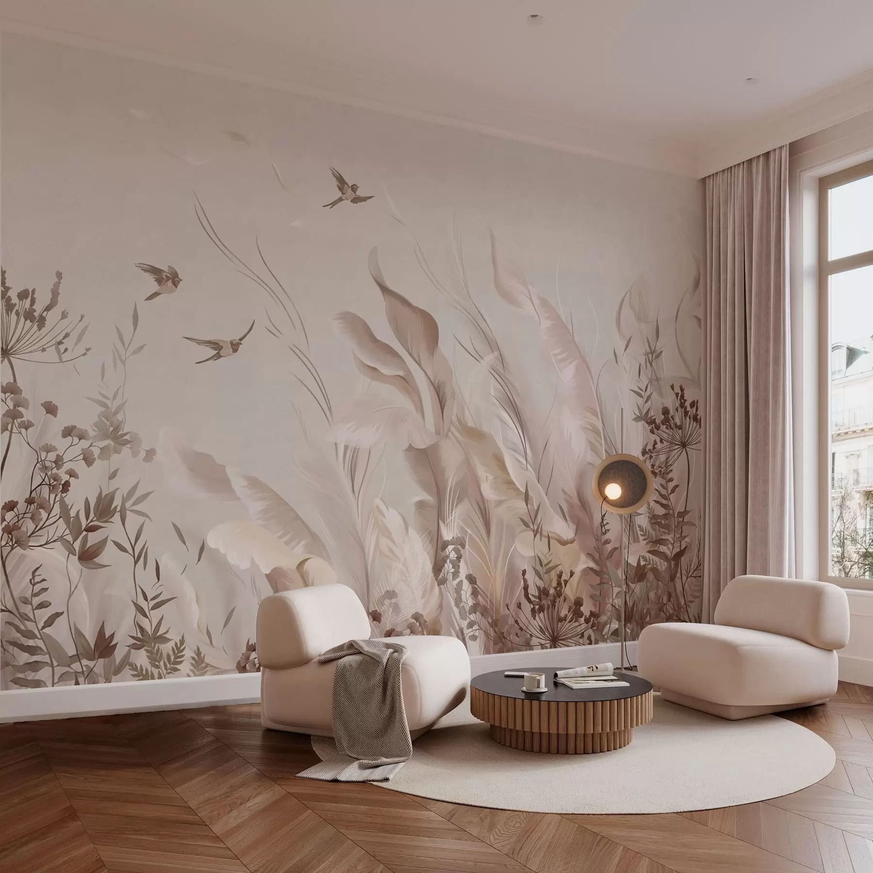 wall murals Soft feathers, grasses and birds in light tones w05395
