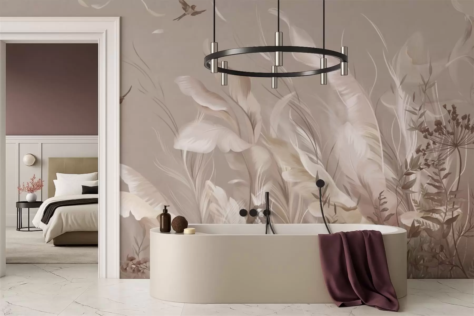 wall murals Light feathers and plants with birds in pastel tones w05395v1