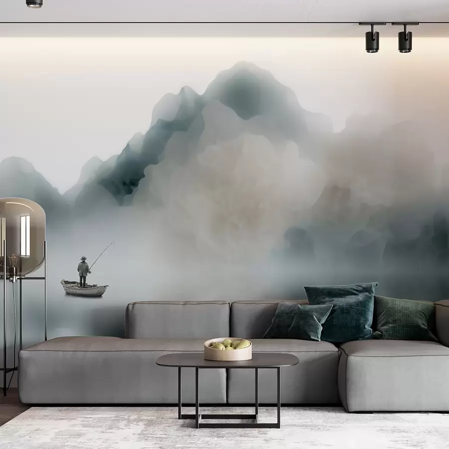 wall murals Mountain landscape with a boat and fisherman dissolving into soft mist w09678