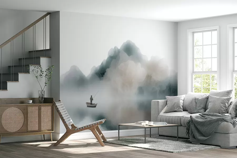 wall murals Mountain landscape with a boat and fisherman dissolving into soft mist w09678