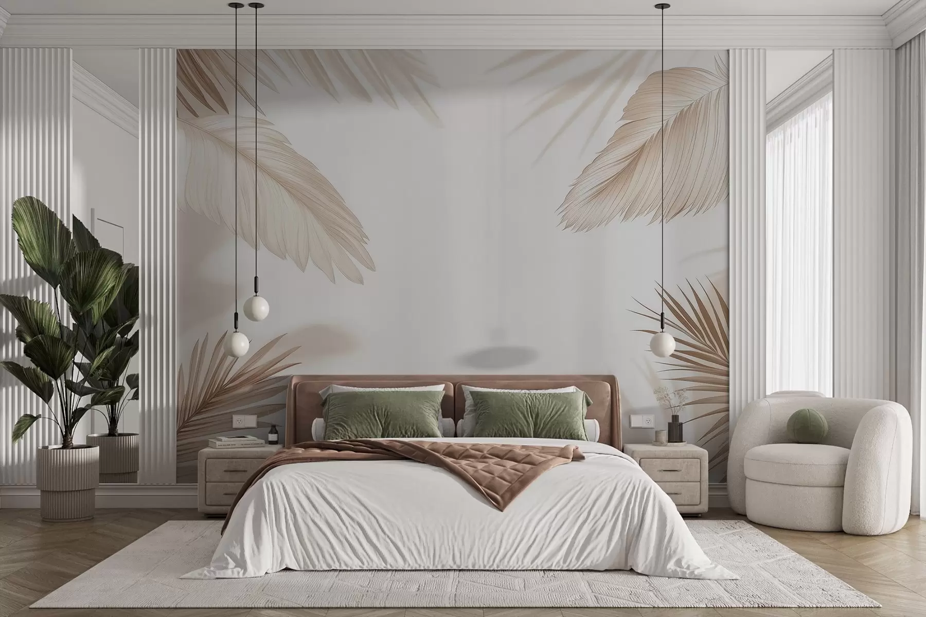 wall murals Beige tropical decor with palm leaf silhouettes and soft shadows w09714