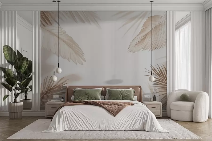 wall murals Beige tropical decor with palm leaf silhouettes and soft shadows w09714