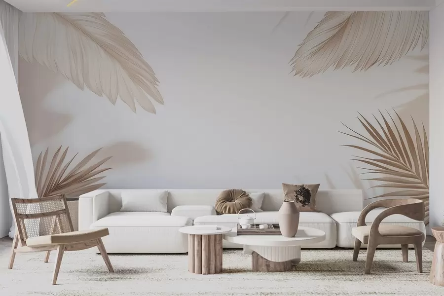 wall murals Beige tropical decor with palm leaf silhouettes and soft shadows w09714