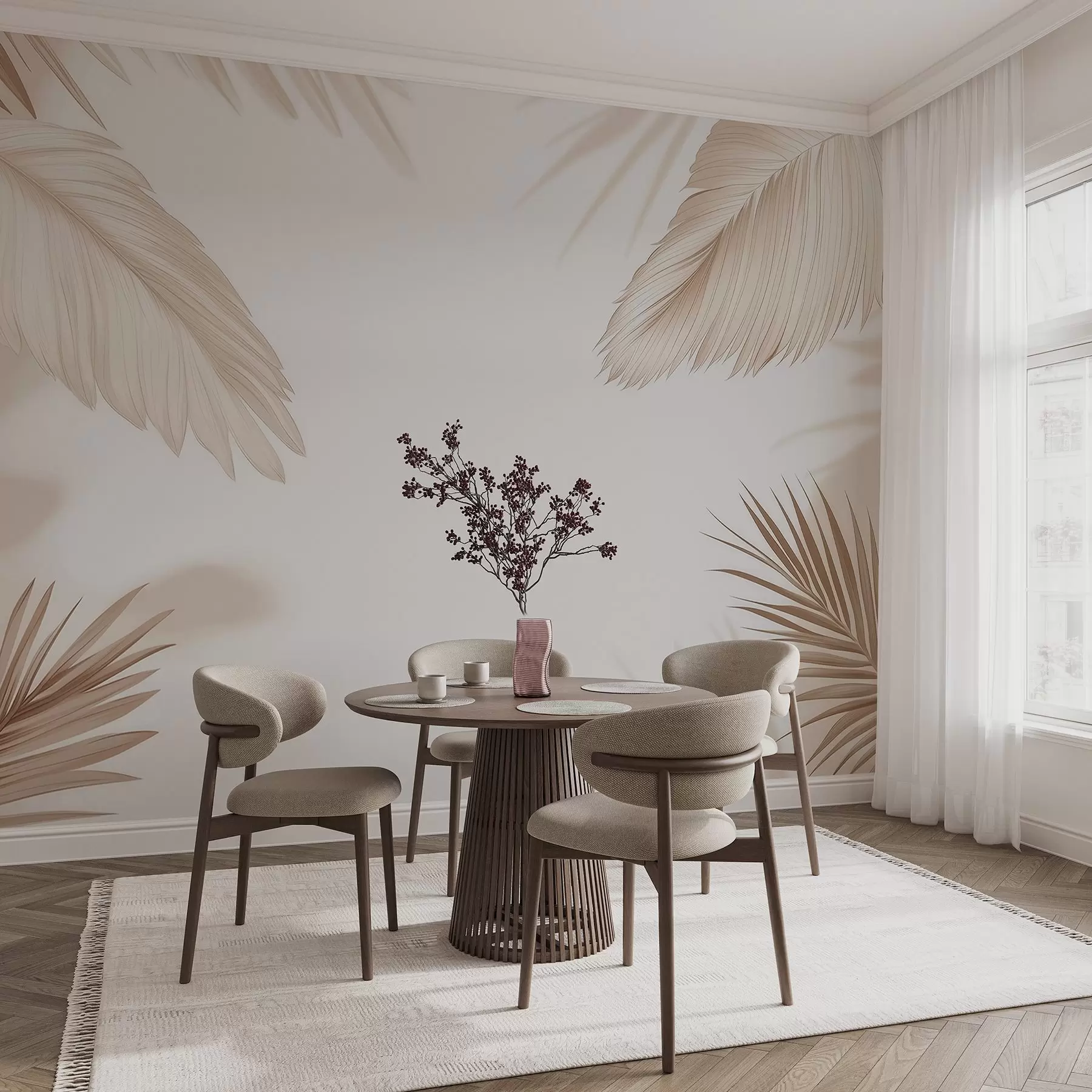 wall murals Beige tropical decor with palm leaf silhouettes and soft shadows w09714