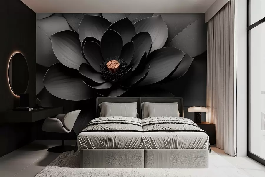 wall murals Minimalist black flower with petals and a contrasting warm center w09721