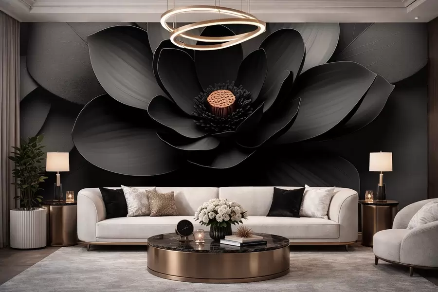 wall murals Minimalist black flower with petals and a contrasting warm center w09721