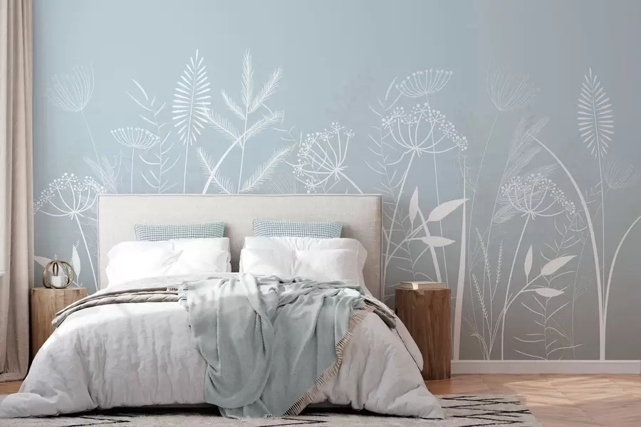 wall murals delicate hand-painted wild grasses and flowers against a grey-blue background w05383