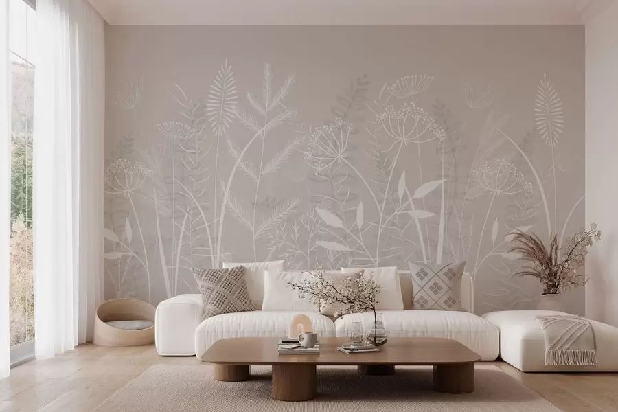 wall murals delicate hand-painted wild grasses and flowers against a beige background w05383v1