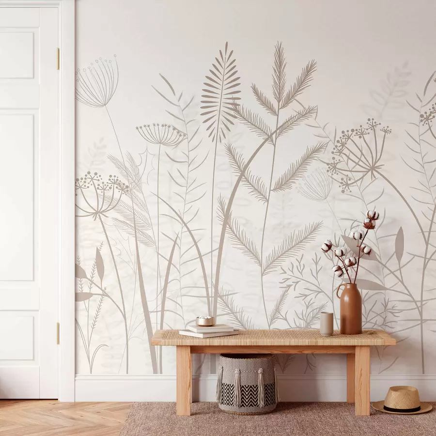 wall murals delicate hand-painted wild grasses and flowers against a white background w05383v2