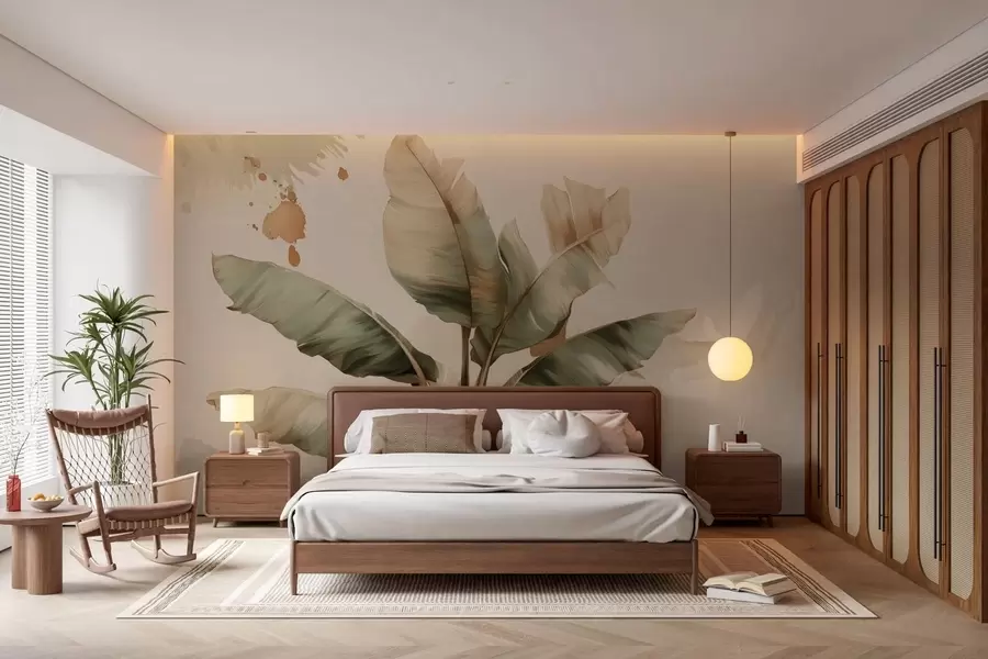 wall murals a large, picturesque cluster of banana leaves with retro-style splashes  w05384