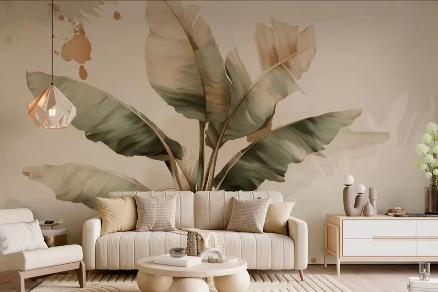 wall murals a large, picturesque cluster of banana leaves with retro-style splashes  w05384