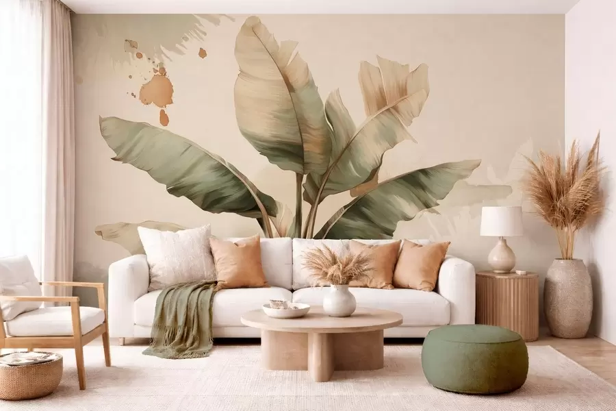 wall murals a large, picturesque cluster of banana leaves with retro-style splashes  w05384