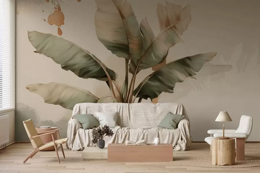 wall murals a large, picturesque cluster of banana leaves with retro-style splashes  w05384