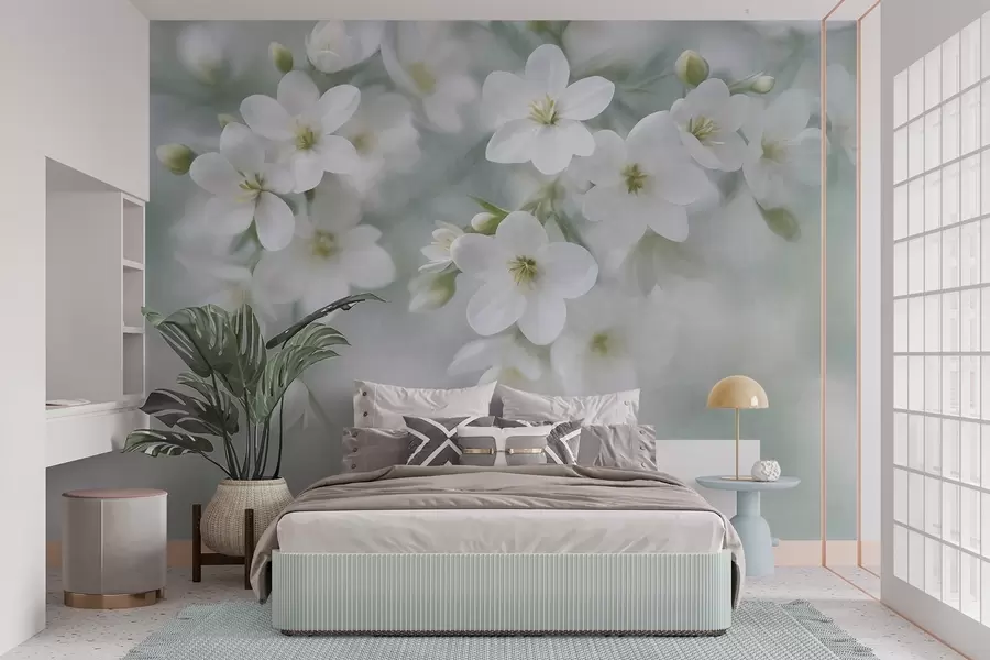wall murals Delicate textured white flowers softly blurred in the background w09759