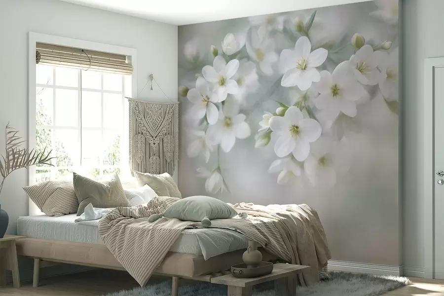 wall murals Delicate textured white flowers softly blurred in the background w09759
