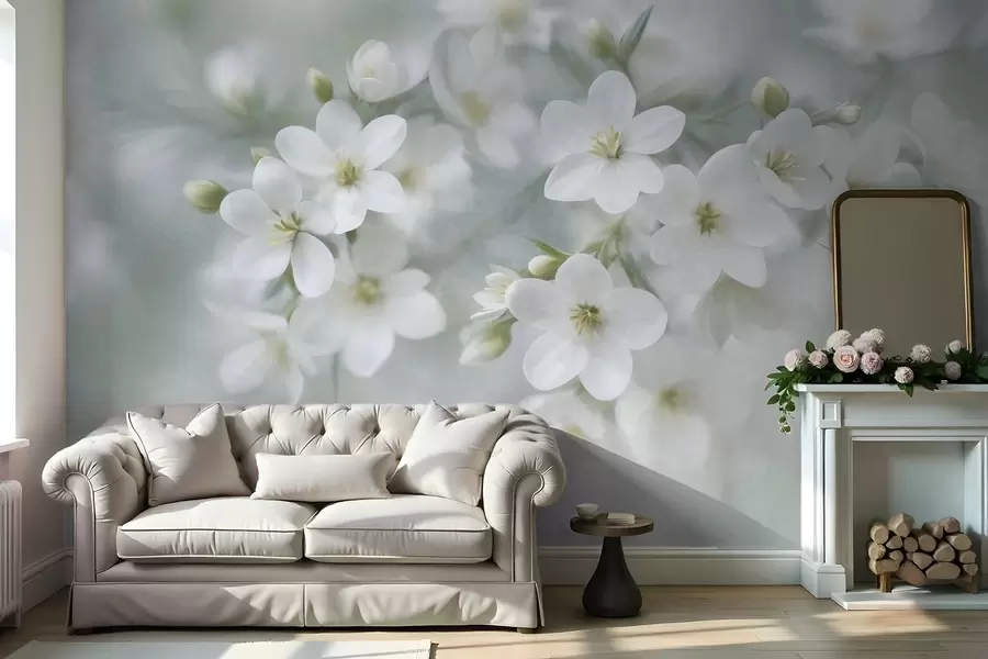 wall murals Delicate textured white flowers softly blurred in the background w09759