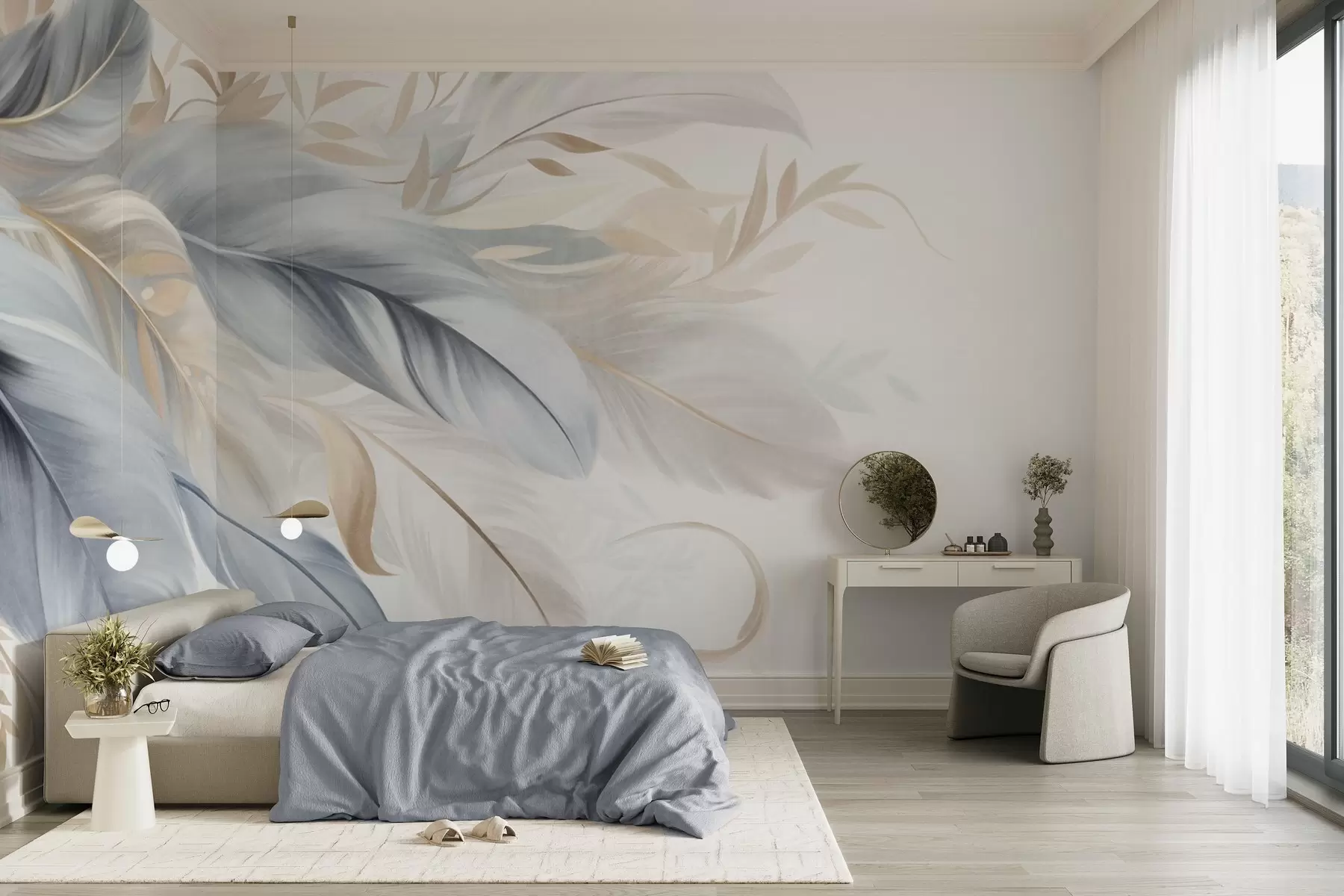 wall murals Textured pastel-colored feathers and delicate leaves against a light background w09763