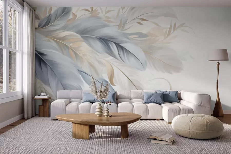 wall murals Textured pastel-colored feathers and delicate leaves against a light background w09763