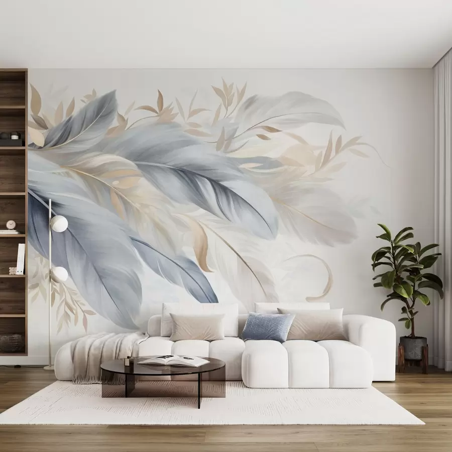 wall murals Textured pastel-colored feathers and delicate leaves against a light background w09763