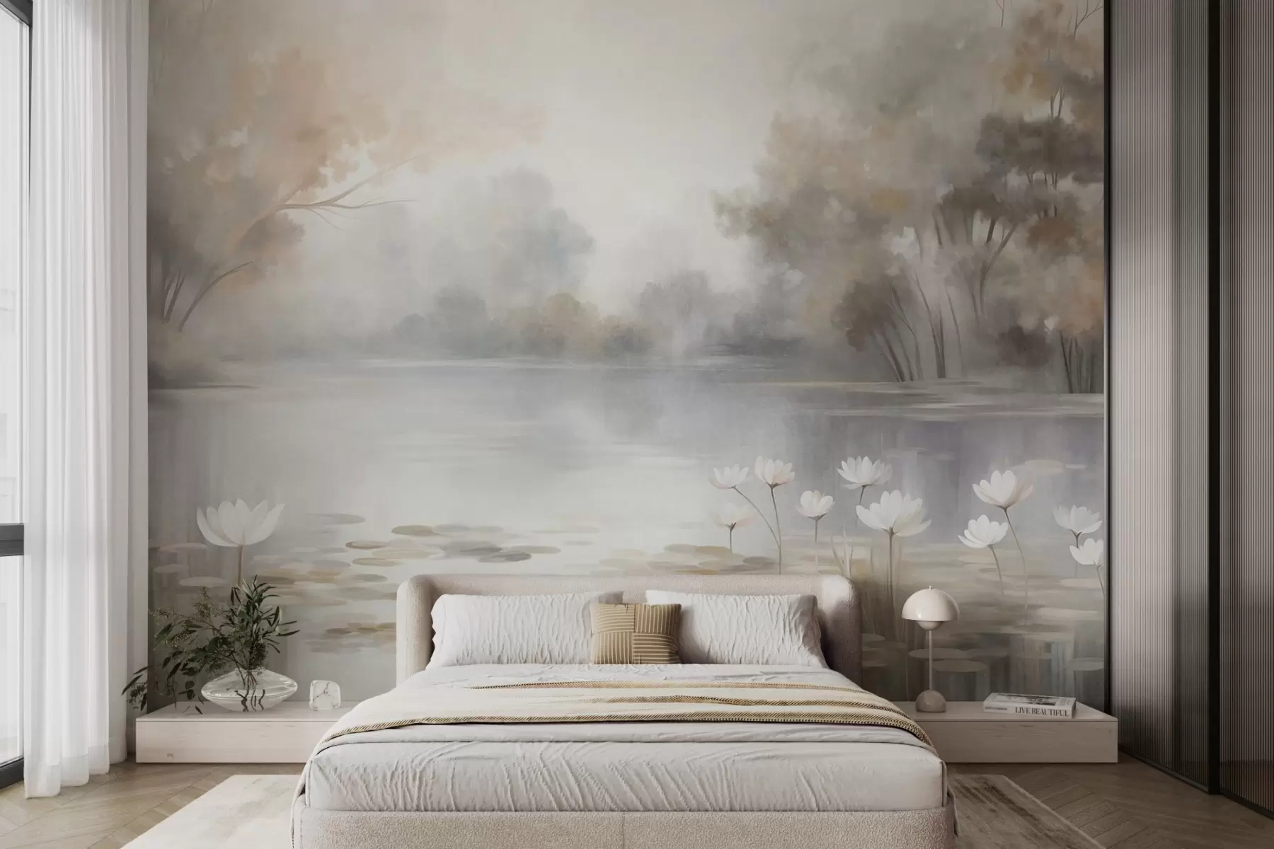 wall murals Textured landscape, lake with white water lilies, surrounded by trees in muted colors w09768